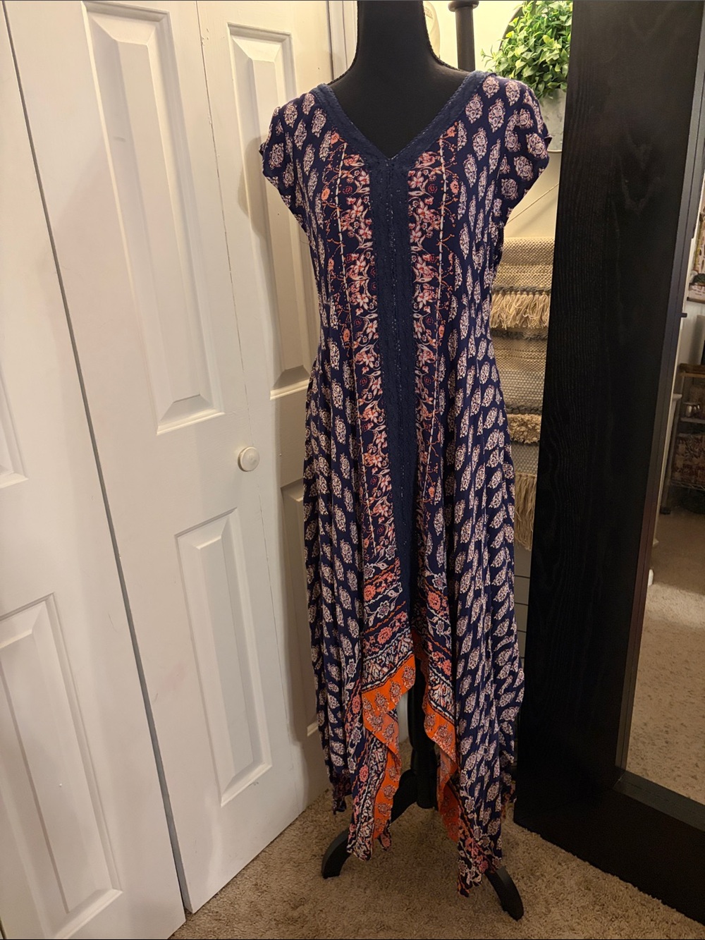 Angie Boho Indigo and Coral Printed Maxi Dress